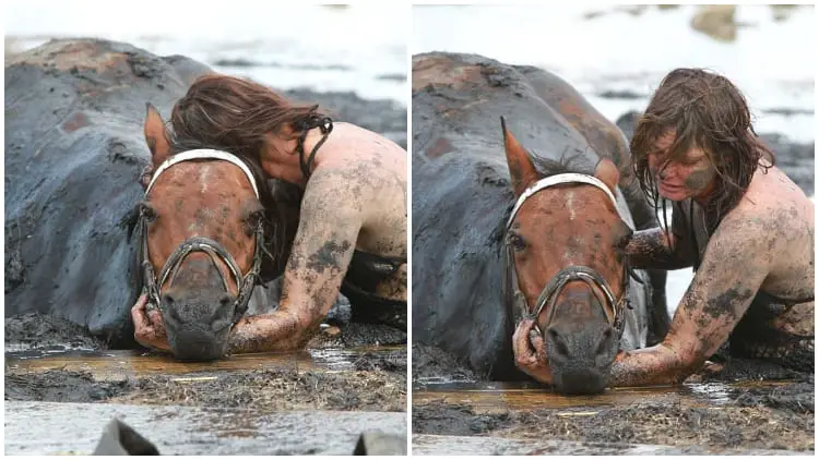 Brave Mother's Fight to Rescue Her Horse from Sinking Mud After Hours of Struggle