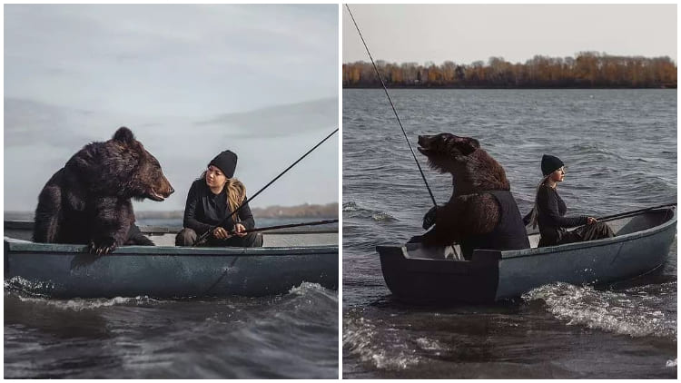 Woman and Her Rescued Huge Bear Enjoy Fishing Together