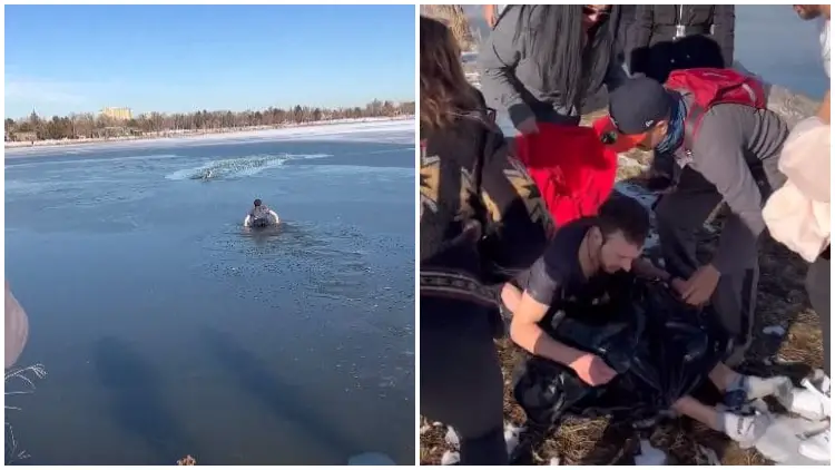 Crowd People Hurries to Help Man Who Plunged into Icy Lake to Rescue Distressed Dog
